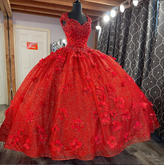 Gorgeous Red Beading Flower Sweet 16 Ball Gown Quinceanera Dress, DP2679