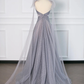 Gray Tulle V-Neck A-Line Backless Elegant Evening Party Dress, DP2481