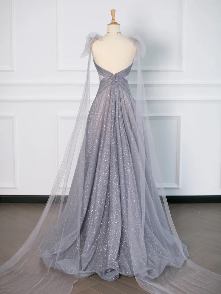 Gray Tulle V-Neck A-Line Backless Elegant Evening Party Dress, DP2481