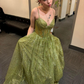 Shiny Green Straps A-Line Tulle Long Prom Dress, DP2644