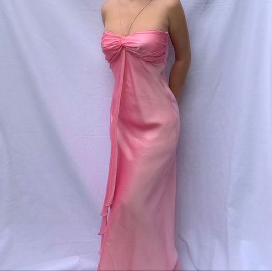 Sweet Pink Sweetheart Ruffle Vintage Chiffon Party Dress, DP2503