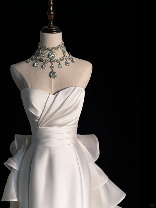 Weißes trägerloses Meerjungfrau-Satin-Partykleid, langes Partykleid, hübsches Hochzeitskleid, DP5226