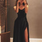 Black Sweetheart A-Line Satin Long Party Dress with Slit, DP2947