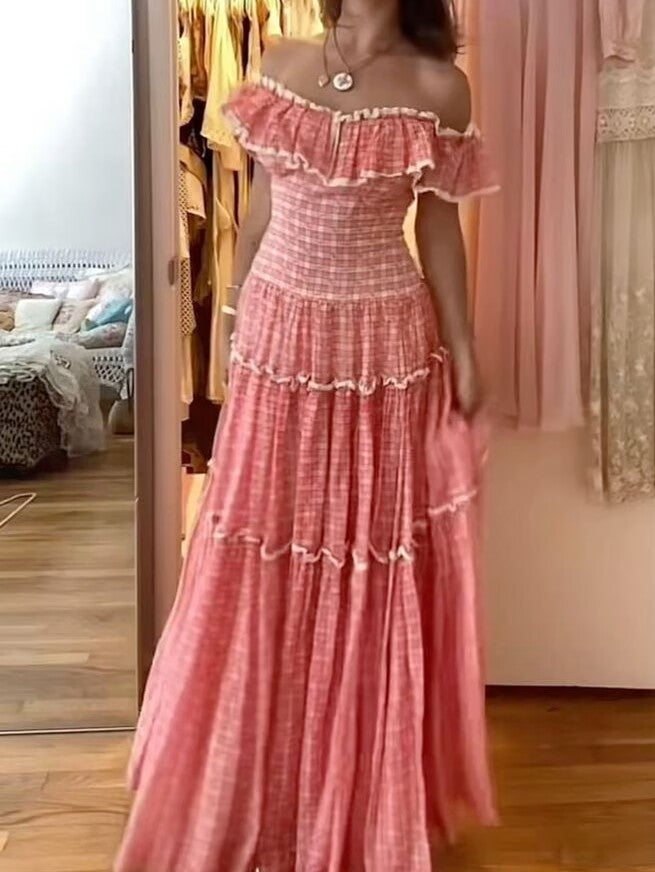 Lovely Pink Off Shoulder A-Line Long Prom Dress Fashion Vacation Dress, DP3378