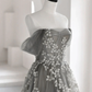 Grey Off Shoulder A-Line Tulle Appliques Long Formal Party Dress, DP3613