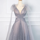 Gray Tulle V-Neck A-Line Backless Elegant Evening Party Dress, DP2481