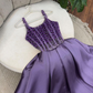 Elegant Purple Straps A-Line Beading Satin Long Prom Dress Evening Gown, DP3483