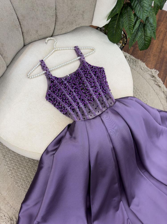 Elegant Purple Straps A-Line Beading Satin Long Prom Dress Evening Gown, DP3483