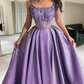 Elegant Purple Straps A-Line Beading Satin Long Prom Dress Evening Gown, DP3483