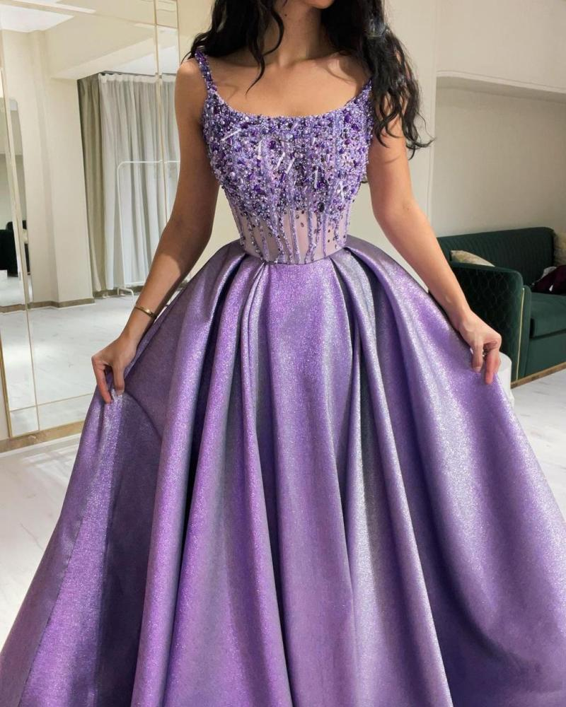 Elegant Purple Straps A-Line Beading Satin Long Prom Dress Evening Gown, DP3483