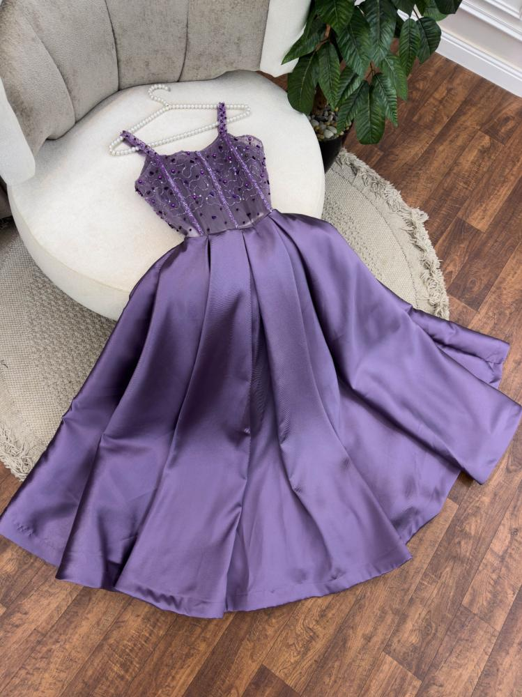 Elegant Purple Straps A-Line Beading Satin Long Prom Dress Evening Gown, DP3483