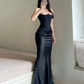 Sexy Black Strapless Satin Mermaid Long Evening Party Dress, DP3723