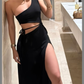 Black One Shoulder Cut Out Sexy Summer Dress Long Evening Party Dress, DP3323