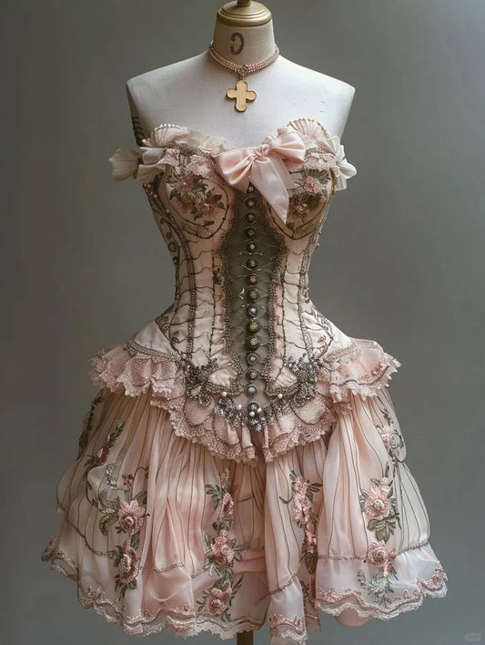 Retro Trägerloses Sweetheart Lolita Prinzessinnenkleid A-Linie Blumen Perlen Chiffon Partykleid Homecoming Kleid DP6094
