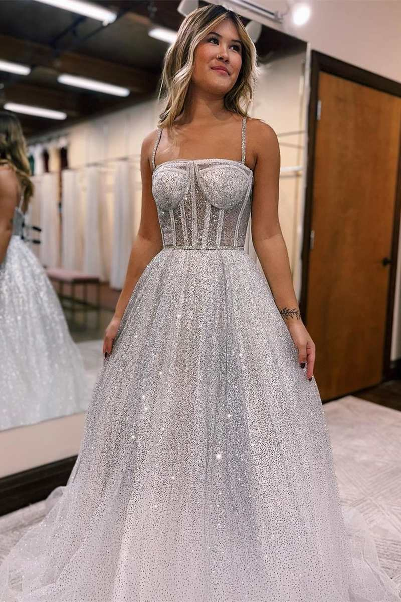 Silver Ombre Sequins Princess Straps A-Line Prom Gown,DP036