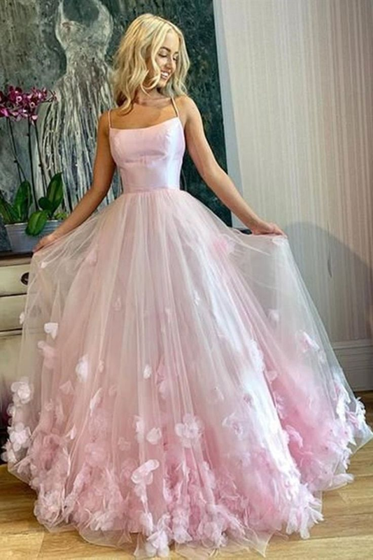 Pink Tulle Floral Long Prom Dresses Spaghetti Straps Formal Evening Dresses,DP0212