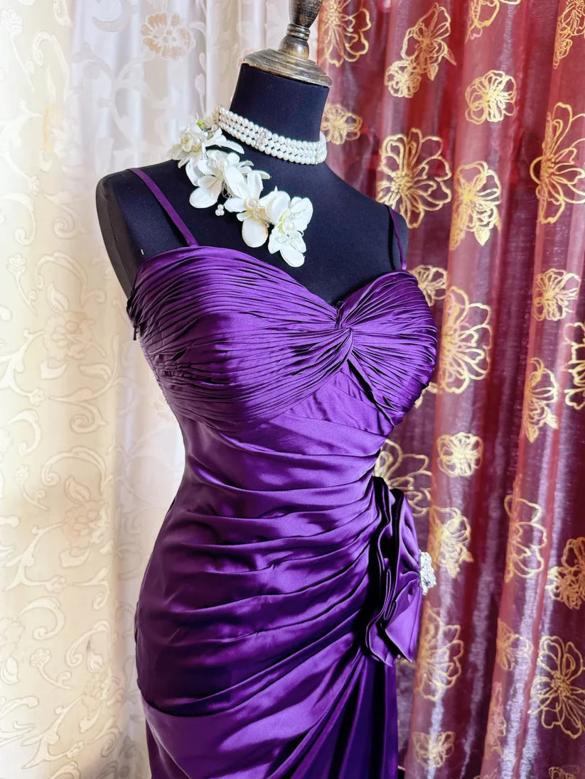 Elegant Purple Satin Mermaid Spaghetti Strap Sweetheart Ruched Bodice Beaded Floral Sweep Train Prom Dress DP8656