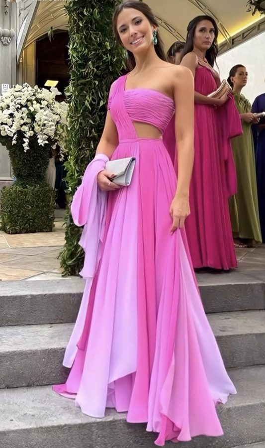 Pink One Shoulder A-Line Long Formal Party Dress Evening Dress, DP2982