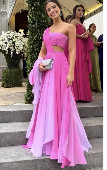 Pink One Shoulder A-Line Long Formal Party Dress Evening Dress, DP2982