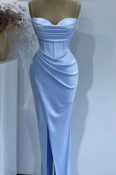 Sky Blue Spaghetti Straps Mermaid Satin Long Formal Prom Dress, DP3430