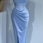 Sky Blue Spaghetti Straps Mermaid Satin Long Formal Prom Dress, DP3430