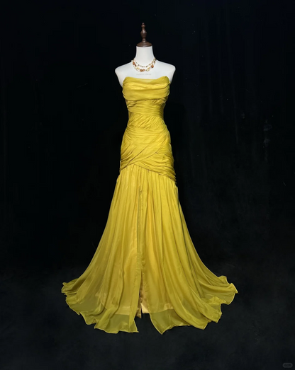 Elegant Yellow Strapless Ruched Prom Dress Mermaid Evening Gown DP7114