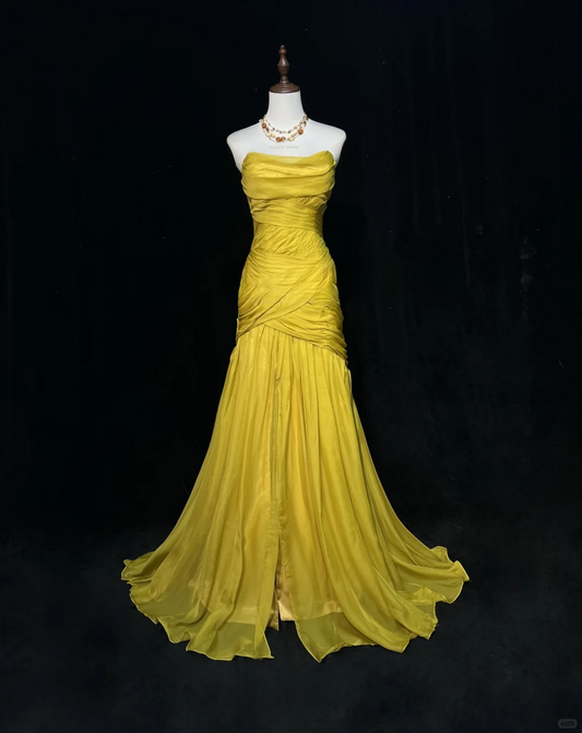 Elegant Yellow Strapless Ruched Prom Dress Mermaid Evening Gown DP7114