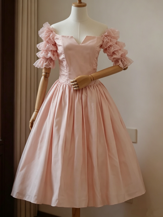 Cute Pink Off-the-Shoulder Ruffled Puff Sleeve Tea-Length Homecoming Dress DP8378