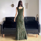 Robe de soirée sirène vintage à col en V et motif floral vert, tenue de bal d'été DP6344