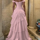 Elegant Pink Off-the-Shoulder Chiffon Layered Ruffle A-Line Formal Prom Dress DP8462