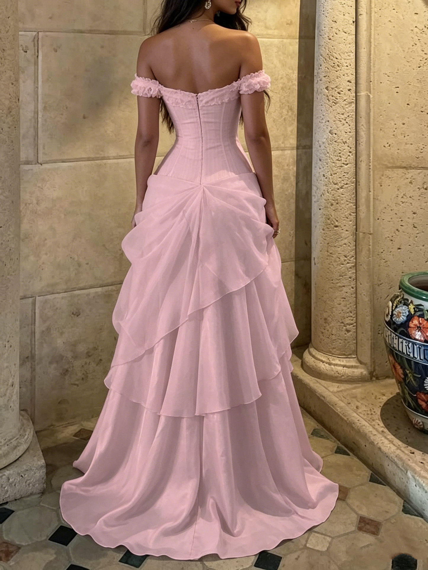 Elegant Pink Off-the-Shoulder Chiffon Layered Ruffle A-Line Formal Prom Dress DP8462