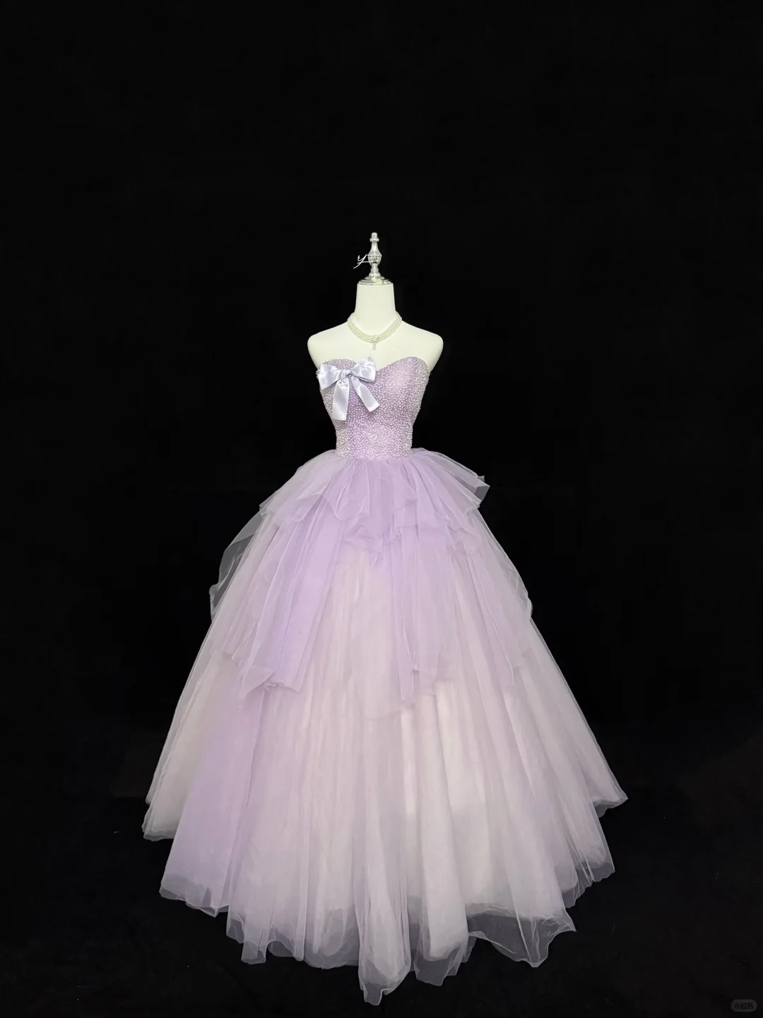 Lavender Strapless Beaded Tulle Quinceanera Dress Bow Ruffled Ball Gown DP8254