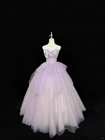 Lavender Strapless Beaded Tulle Quinceanera Dress Bow Ruffled Ball Gown DP8254
