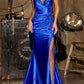 Gorgeous Strapless Satin Mermaid Prom Dress Lace Applique & High Slit Formal Evening Gown DP8200
