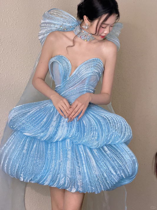 Light Blue Strapless Tulle Homecoming Dress Puffy Bubble Skirt Beaded Party Gown DP8308