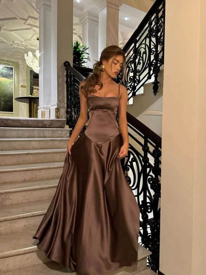 Elegant Brown Spaghetti Straps A-Line Satin Long Prom Party Dress DP38 DSProm Elegant Brown Spaghetti Straps A-Line Satin Long Prom Party Dress DP38 DSProm