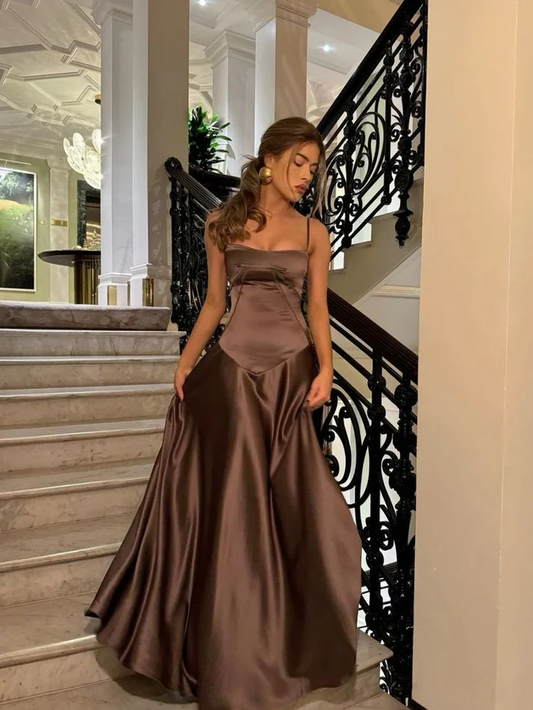 Elegant Brown Spaghetti Straps A-Line Satin Long Prom Party Dress DP3851