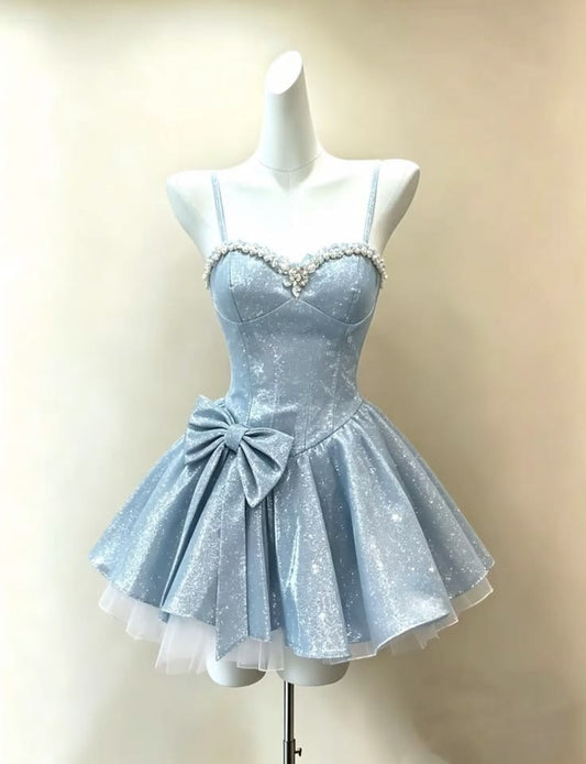Elegant Light Blue Glitter Spaghetti Strap Beaded Sweetheart Bow A-Line Homecoming Dress DP8722