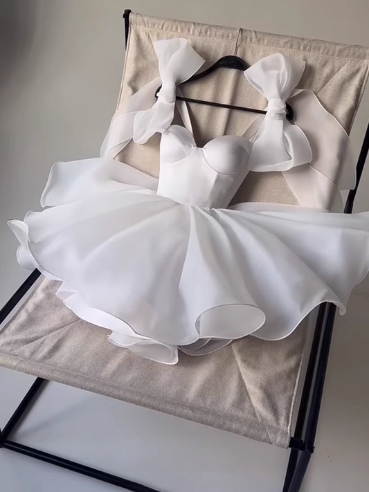 Cute Fashion White Bow Design A-line Tulle Party Dresses Homecoming Dresses, DP5860