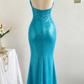 Glamouröses Ozeanblaues Neckholder-Glitzer-Meerjungfrauen-Abendkleid mit Perlen und Rüschen DP8373
