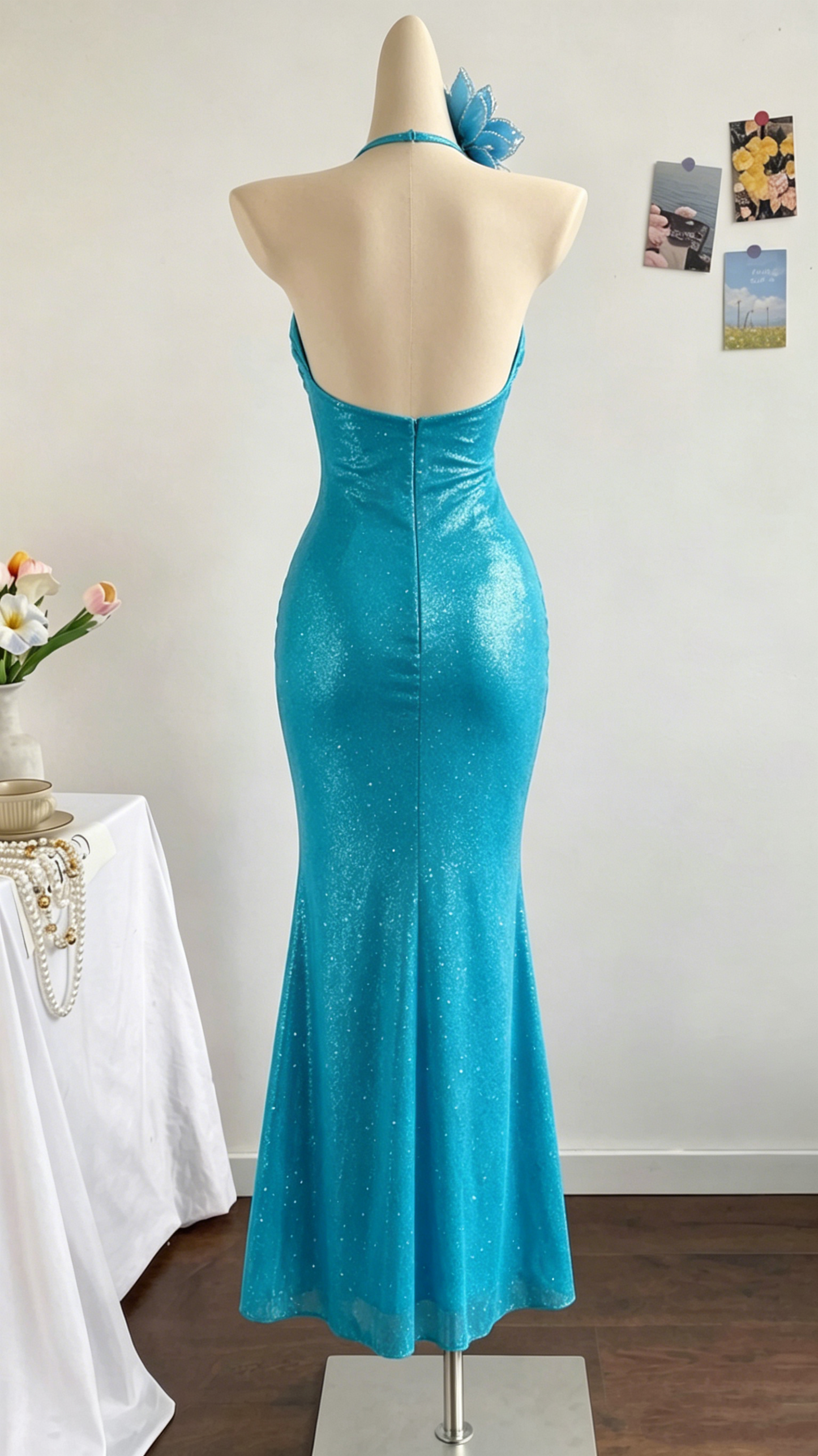 Glamouröses Ozeanblaues Neckholder-Glitzer-Meerjungfrauen-Abendkleid mit Perlen und Rüschen DP8373