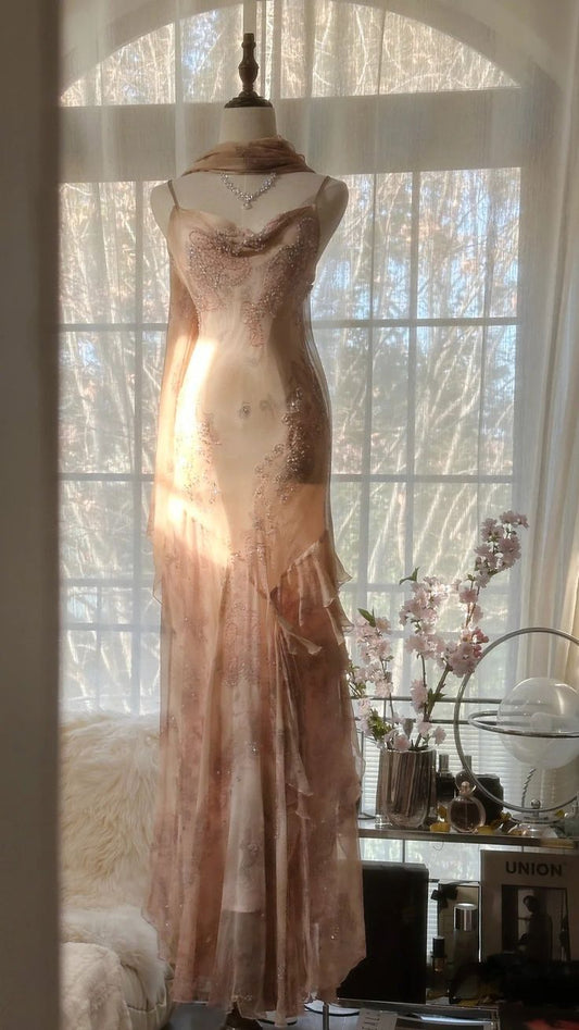Romantic Blush Floral Beaded Tulle Mermaid Evening Dress with Drape Shawl DP8158