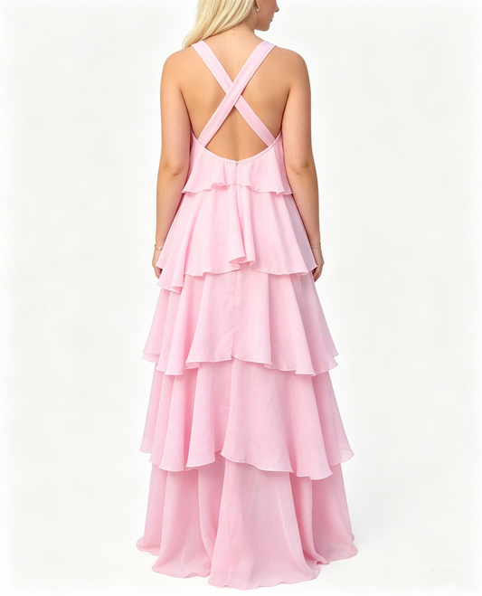 Elegant Pink Halter-Neck Tiered Ruffle Chiffon Prom Dress DP8453