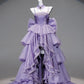 Chic Lavender Tulle Tiered High-Low Evening Gown Lace Trim A-Line Prom Dress  DP7870
