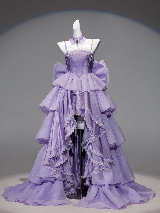 Chic Lavender Tulle Tiered High-Low Evening Gown Lace Trim A-Line Prom Dress  DP7870