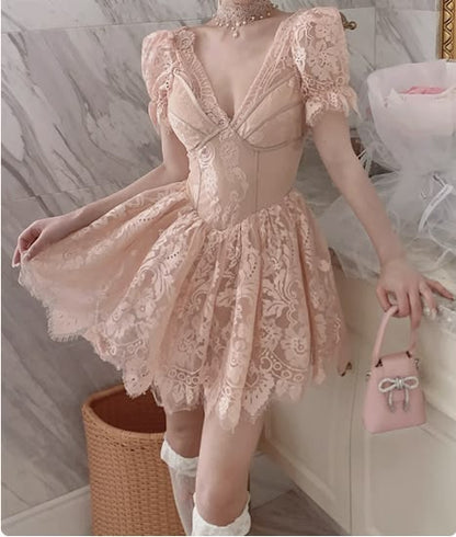 Cute Pink Lace Corset Puff Sleeve Mini Homecoming Dress Sweet Princess Formal Party Gown DP8257