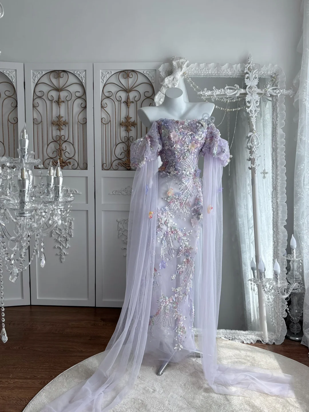 Glamorous Lavender Off-the-Shoulder Mermaid Prom Dress Tulle Puff Sleeve Beaded Evening Gown DP8131