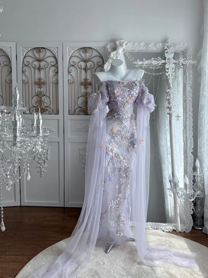 Glamorous Lavender Off-the-Shoulder Mermaid Prom Dress Tulle Puff Sleeve Beaded Evening Gown DP8131