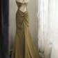 Glamorous Olive Green Satin Spaghetti Strap Deep V-Neck Mermaid with Train Prom Dress DP7651