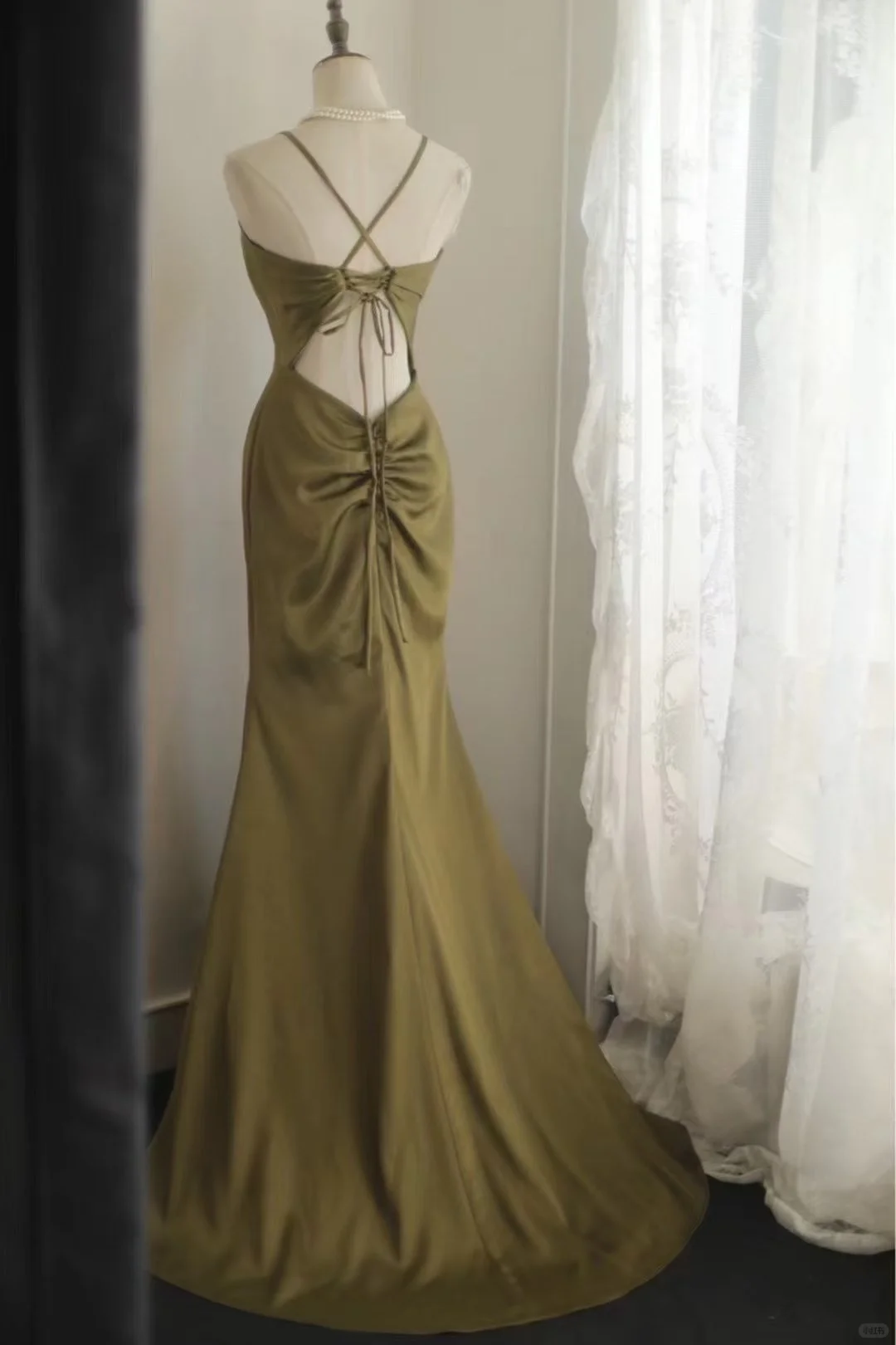 Glamorous Olive Green Satin Spaghetti Strap Deep V-Neck Mermaid with Train Prom Dress DP7651